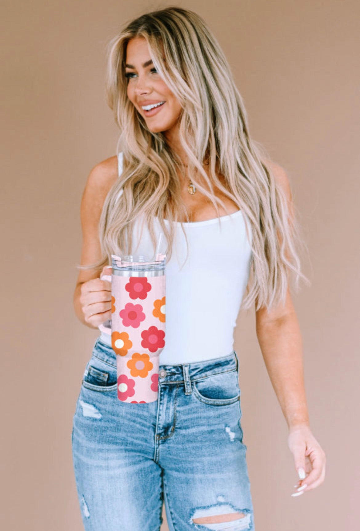 Pink Floral Stainless Steel Vacuum Cup