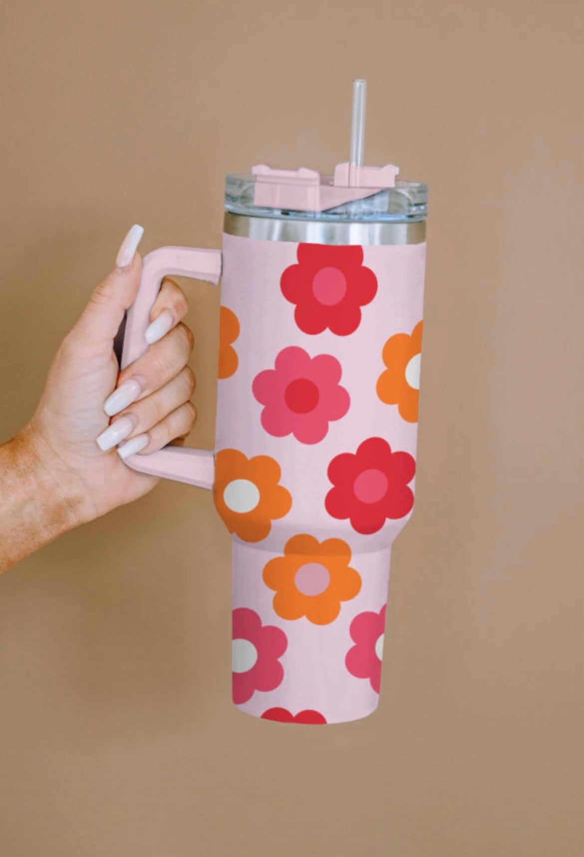 Pink Floral Stainless Steel Vacuum Cup