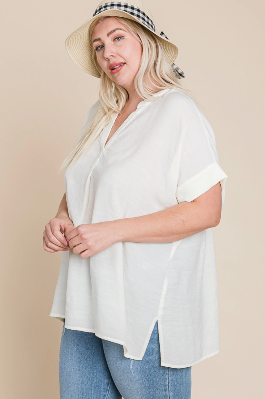 Crinkled V Neck Top (Plus Size) - Mango