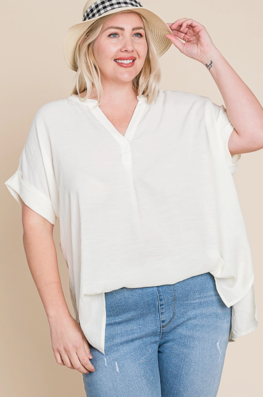 Crinkled V Neck Top (Plus Size) - Mango
