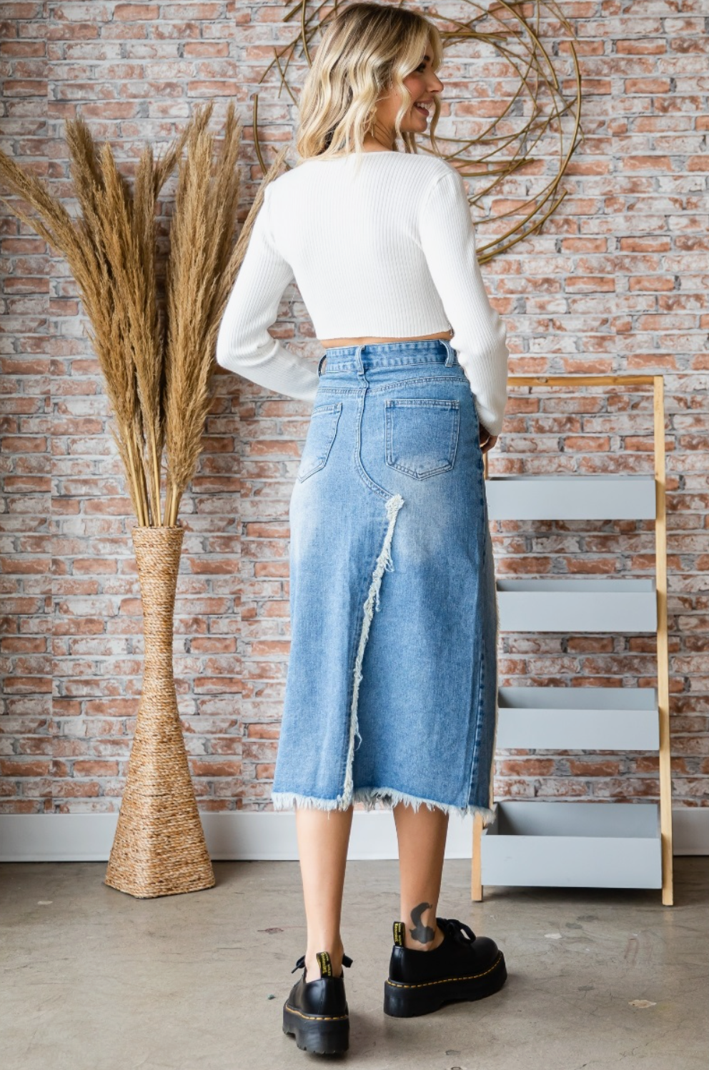 Front and Back Slit Denim Long Skirt