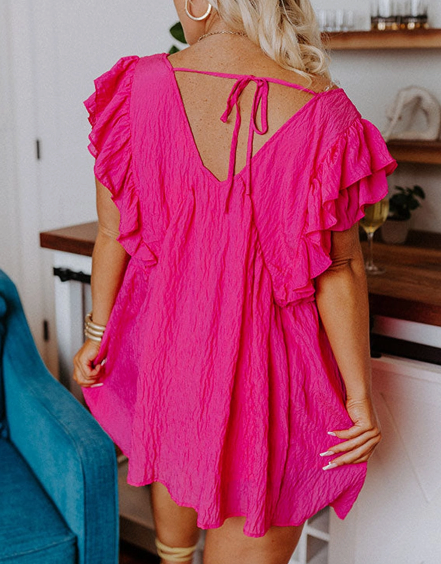 Plus Size Ruffle V Neck Tie Back Tunic Top