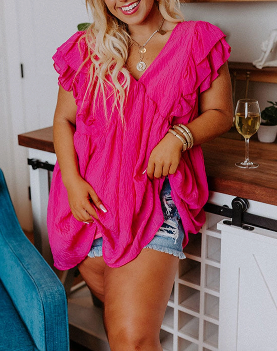 Plus Size Ruffle V Neck Tie Back Tunic Top