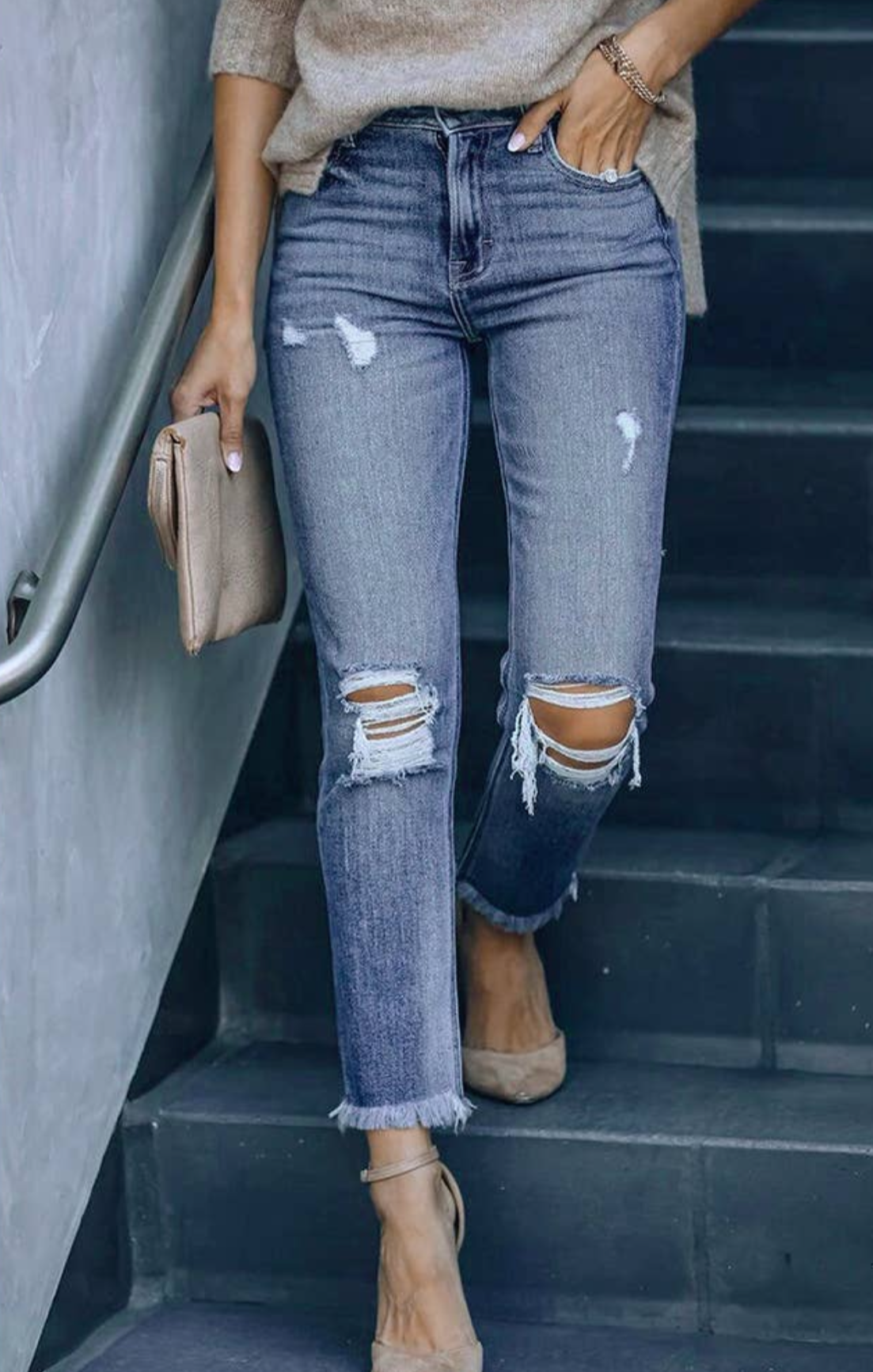 Ripped Mid Waist With Tassels Jeans