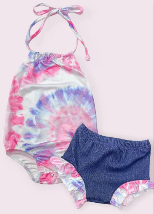 Tie Dye Baby Onesie With Ruffle Shorts